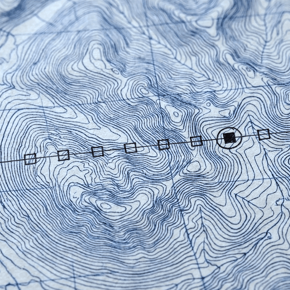 a survey map detail, eight small boxes inked along one line across the contours, the seventh filled and ringed